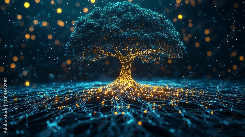 Poster digital tree with glowing roots symbolizes growth and connection in vibrant, tech inspired environme