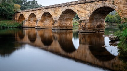 Fototapeta premium A historic stone bridge arches over a calm river, reflecting its elegant structure in the water, surrounded by lush greenery.