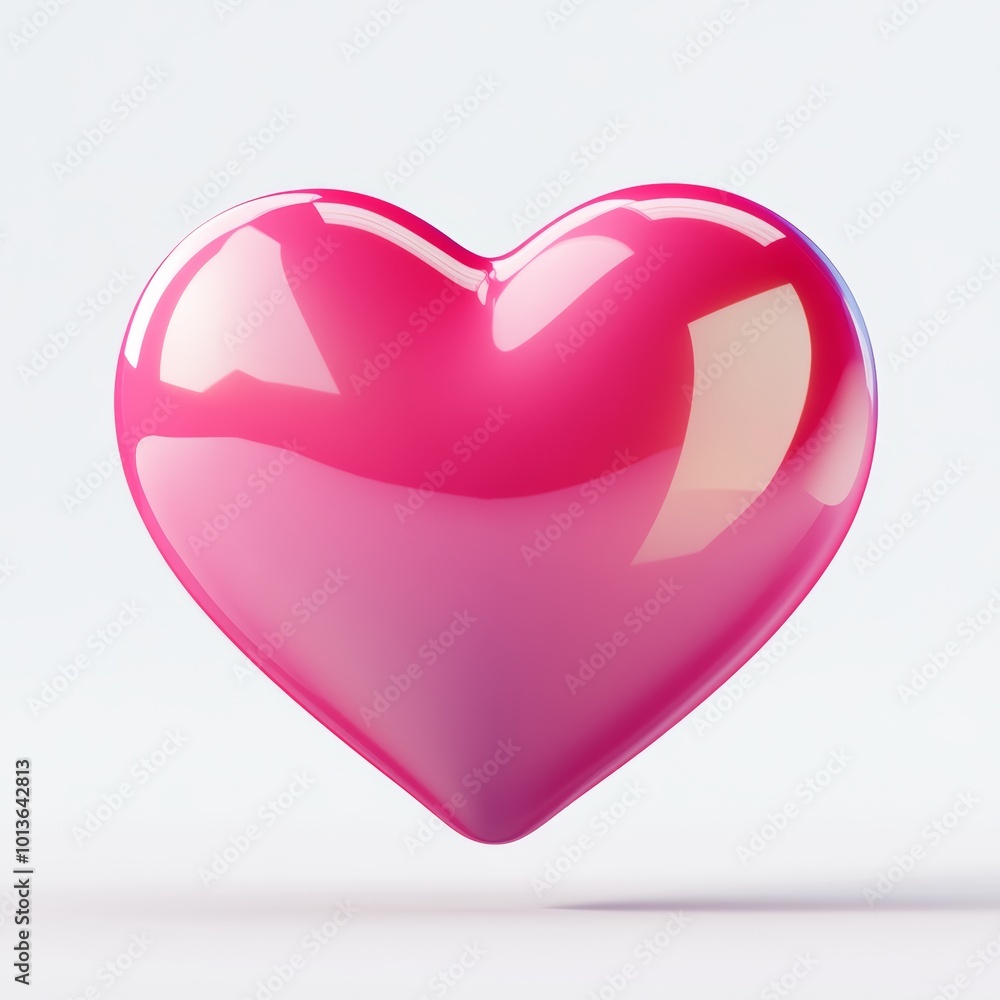 Poster a 3d, glossy pink heart-shaped icon with a subtle red gradient, floating in a white space with soft 