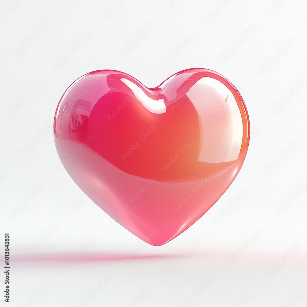 Poster a 3d, glossy pink heart-shaped icon with a subtle red gradient, floating in a white space with soft 