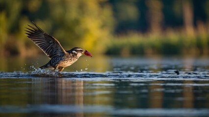 Fototapeta premium A bird standing in water, catching prey with a dramatic splash, illuminated by soft sunlight, capturing the dynamic and graceful movement of nature in action