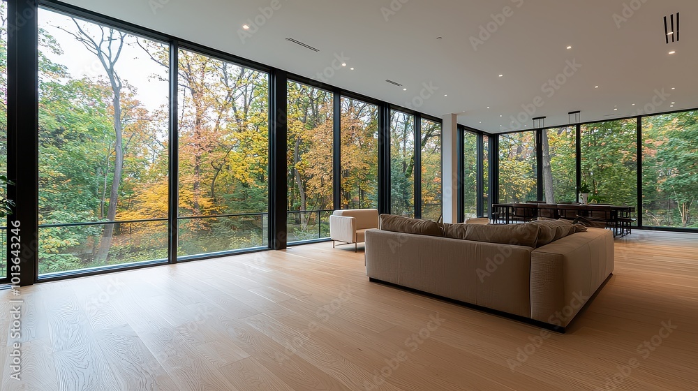 Wall mural A modern living room with large windows showcasing vibrant autumn foliage by a lake, featuring minimalistic furniture and warm wooden flooring.