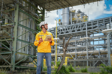 Fototapeta premium portrait oil refinery worker wears safety and harthat, holding tablet computer and walkie talkie inspection at oil refinery