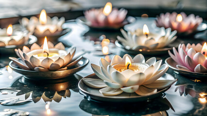 Glowing Diwali Candles with Floating Lotus Flowers - A Serene Abstract Vector Design Isolated on White Symbolizing Purity, Spiritual Light, and Elegance of Diwali Celebrations