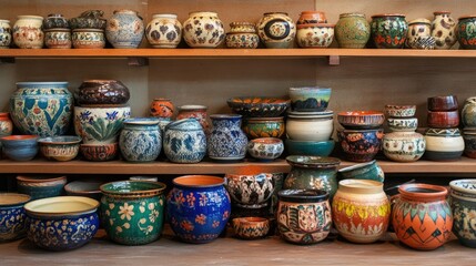 Indian pottery arranged in an artistic display, no people, with ample copy space.