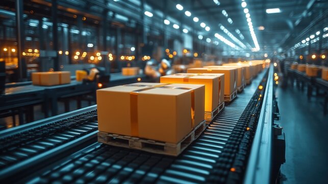 Automated Packaging Conveyor System in Modern Warehouse - Powered by Adobe