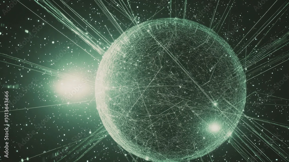 Poster a glowing sphere of interconnected lines and dots against a dark background