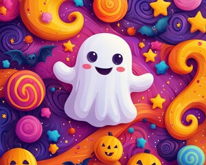 Obraz premium Friendly Ghost Surrounded by Colorful Candy and Stars