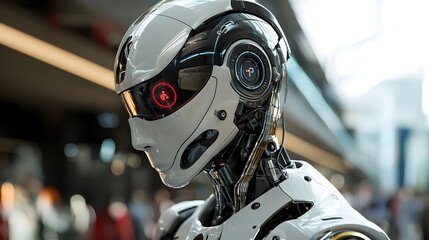 Fototapeta premium Cybernetic Connection: Two humanoid robots, their faces illuminated by the city's neon glow, gaze at each other in a moment of profound connection.