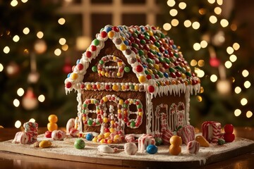 A gingerbread house with candy decorations. 