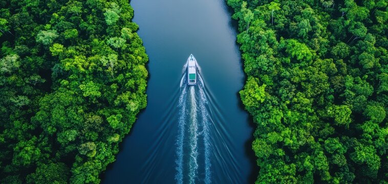 Aerial view of a boat navigating through lush green forests and river.