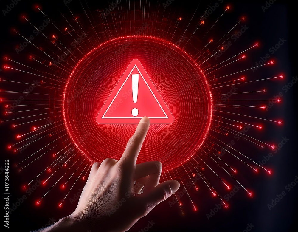 Poster a hand points towards a glowing red warning sign, representing the need for caution and awareness in