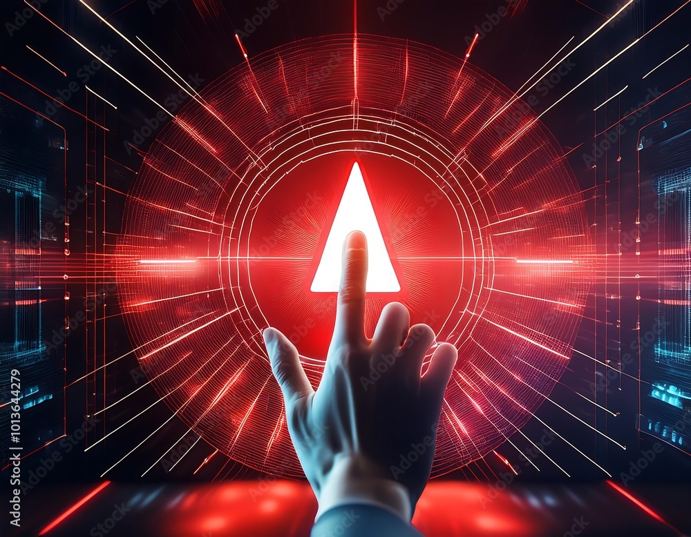 Poster a hand points towards a glowing red warning sign, representing the need for caution and awareness in