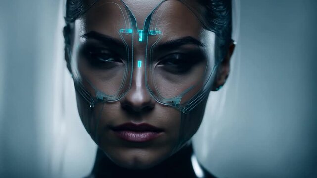 Close-up of a female cyborg with glowing technology elements.