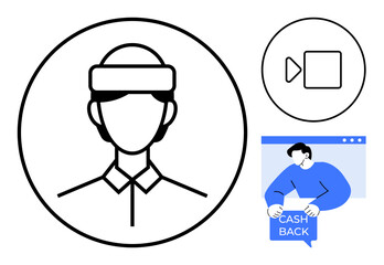 Circular badge with a customer service representative, a video call icon, and a man holding cashback sign. Ideal for customer support, online services, cashback promotions, tech support, and help