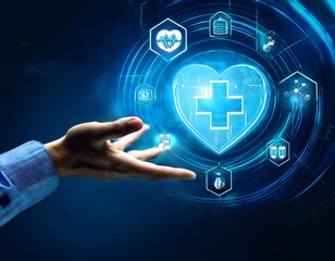 A hand reaches toward a glowing blue health icon, symbolizing the pursuit of well-being and digital healthcare solutions.