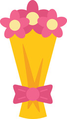 Lovely bouquet of pink flowers is being wrapped in yellow paper and tied with a pink bow