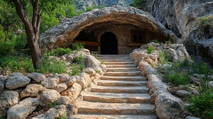 A stone staircase leads to a cave entrance with a wooden door, nestled in a hillside with lush greenery.