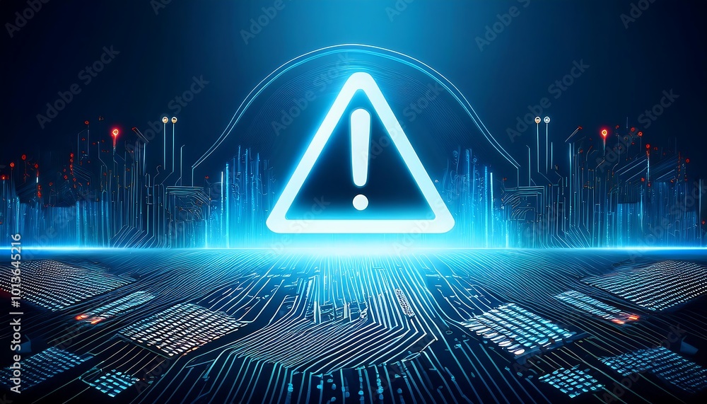 Poster a high-tech background is illuminated by a warning sign, highlighting the potential risks and vulner