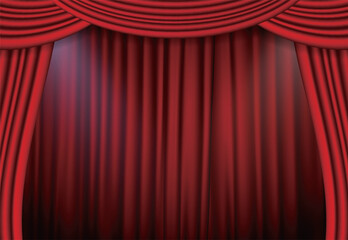 Red curtains realistic. Theater fabric silk decoration for movie cinema or opera hall. Curtains and draperies interior decoration object.