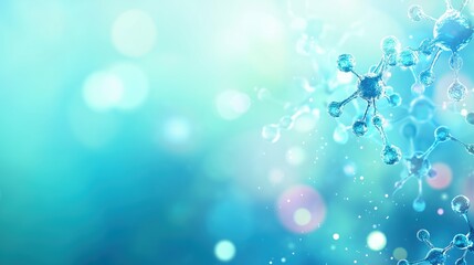 Blurry Antibodies with Depth of Field on an Abstract Gradient Background of Sky Blue and Lime Green, Featuring Realistic Details and a Halo Effect.