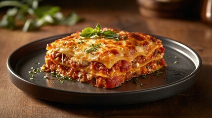Lasagna al forno in a stylish presentation, centered on the plate with a clear copy space.