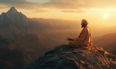 Man in turban meditates on mountaintop at sunset.