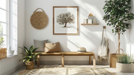 Interior of the entrance hall with framed tree artwork on a wooden bench and minimalist decor