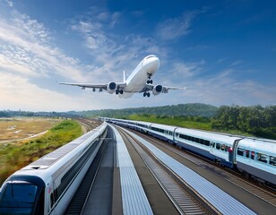 A seamless blend of air and rail travel showcases the diverse options for modern transportation.
