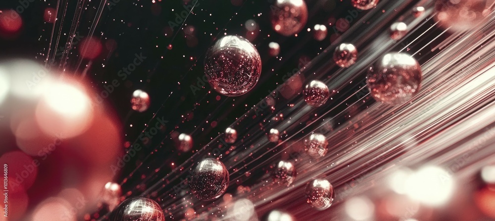 Poster abstract background with reflective spheres and red glowing lines