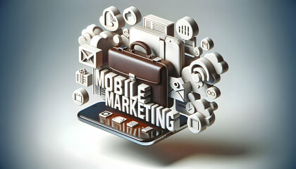 3D Floating Briefcase and Smartphone with Mobile Marketing Text Concept - A Sleek Vector Design Isolated on White, Symbolizing the Rise of Mobile Strategies in Marketing