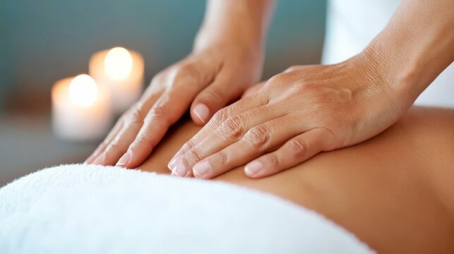 Close-up of a therapist s hands applying pressure on a back during a massage, with soft candlelight, massage therapy, mindful touch