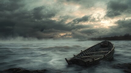 Shipwreck Remnants in Storm Aftermath, desolate ocean scene, remnants of a boat, brooding sky, post-apocalyptic atmosphere, desaturated tones