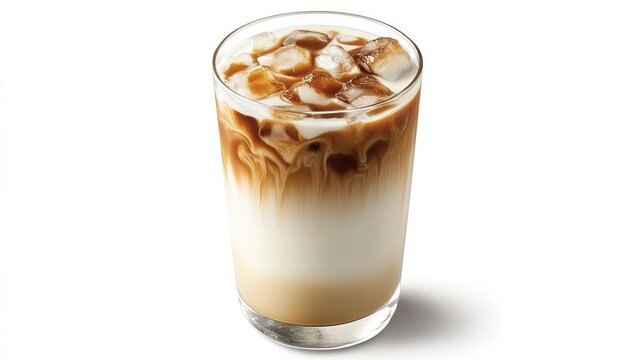 A perfectly crafted iced latte with ice cubes floating in creamy milk and coffee layers, set on a bright white backdrop.