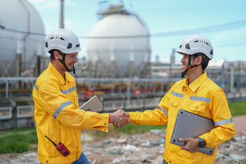 portrait young diverse engineers in hardhat holding  computer devices,doing handshake after finish inspection in oil refinery industry
