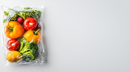 Fresh vegetables in tightly sealed clear plastic wrap, showcasing vibrant colors and healthy options. Perfect for meal prep and promoting healthy lifestyle