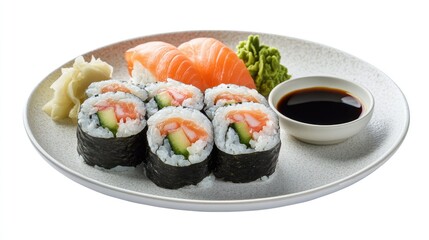 A plate of sushi rolls arranged neatly, with wasabi and soy sauce on the side, all set against a white background for a minimal aesthetic.