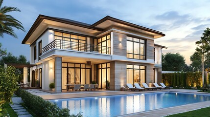Fototapeta premium A large, modern house with a pool and lush landscaping.