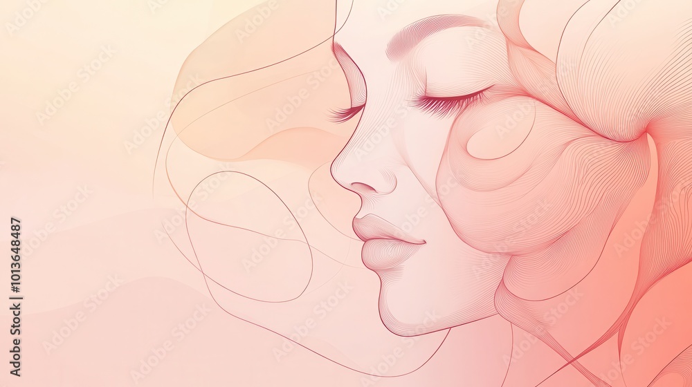 Fototapete flowing lines create a delicate rose petal that morphs into the outline of a woman’s tranquil face i