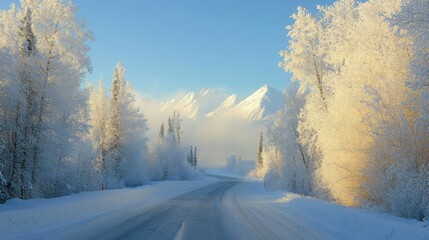 Obraz premium Beautiful winter road and sunny morning.