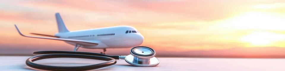 Travel insurance for medical emergencies, stethoscope and airplane, 3D illustration,