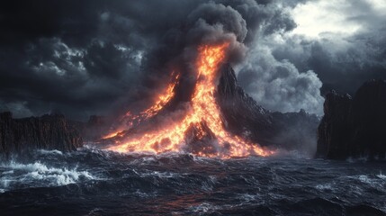 Fototapeta premium Volcanic Eruption at Ocean's Edge, molten lava meets water, steam rises, fiery display, steampunk aesthetics, intricate 3D rendering, rich dark tones