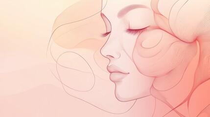 Flowing lines create a delicate rose petal that morphs into the outline of a woman’s tranquil face in gentle colors. Generative AI