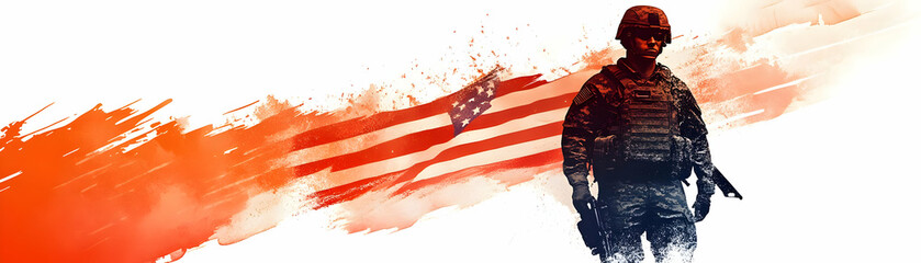Naklejka premium American flag and soldier silhouette with United We Stand text concept as A patriotic abstract vector featuring an American flag and a soldier silhouette isolated on a white background. The text Unite