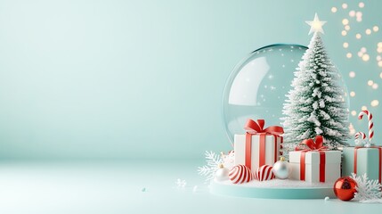 Festive Christmas scene with red ornaments, candy canes, wrapped gifts, and a snow globe, placed next to a snow-covered Christmas tree. Soft, glowing bokeh lights fill the light background.