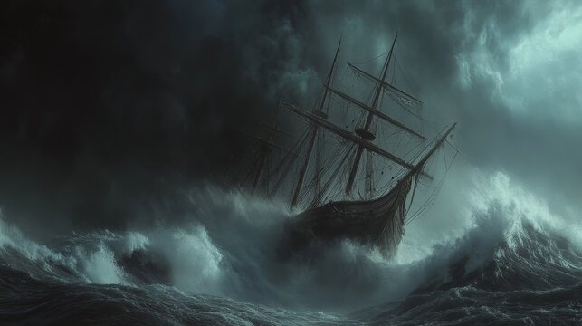 Whaling Ship in Turbulent Seas, An ancient vessel confronts fierce waves and stormy skies, harpoons and ropes in chaotic motion, Historical Illustration, Muted Colors
