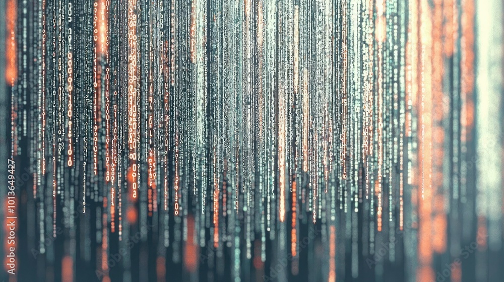 Aufkleber abstract digital rain of binary code in orange and white hues