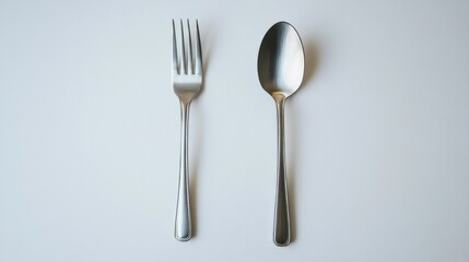 A sleek stainless steel spoon and fork set placed side by side on a crisp white background, emphasizing their polished finish.