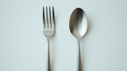 A sleek stainless steel spoon and fork set placed side by side on a crisp white background, emphasizing their polished finish.