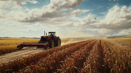 Obraz premium A Red Tractor Harvests Wheat in a Field Under a Cloudy Sky